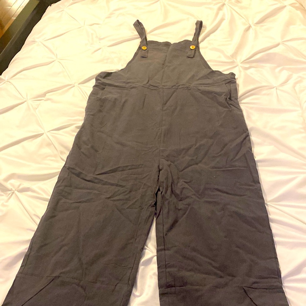Gray wide leg overalls.